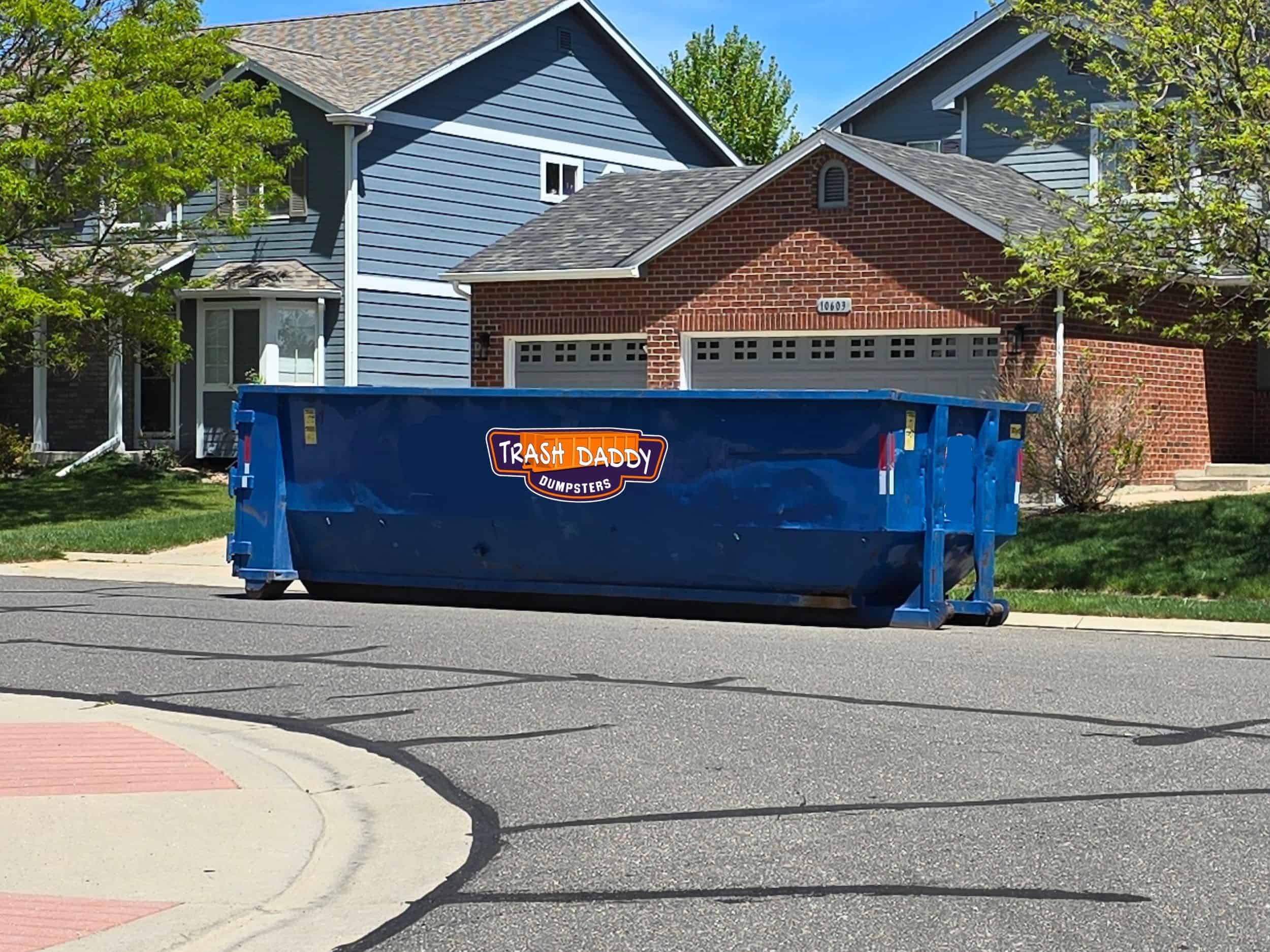 Blue 30 yard dumpster placed on the street in a residential neighborhood.